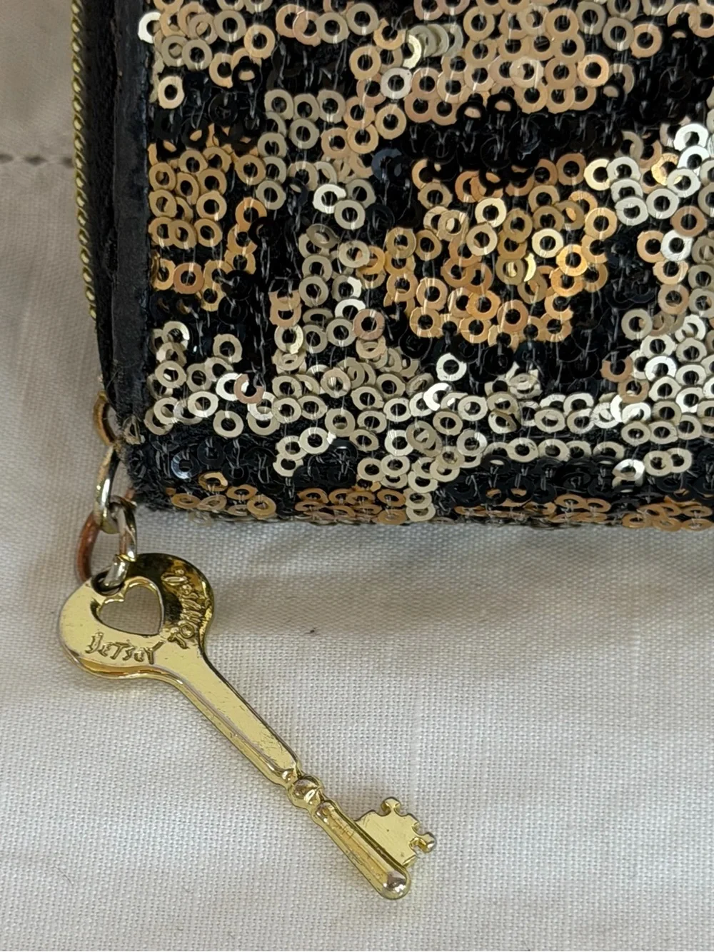 Betsey Johnson Black and Gold Sequin Wallet with Gold Nameplate